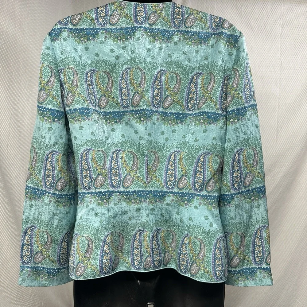 Adrianna Papell Women's Blue Paisley Silk Blazer Jacket Size 8 Teal Jacket - Picture 4 of 5